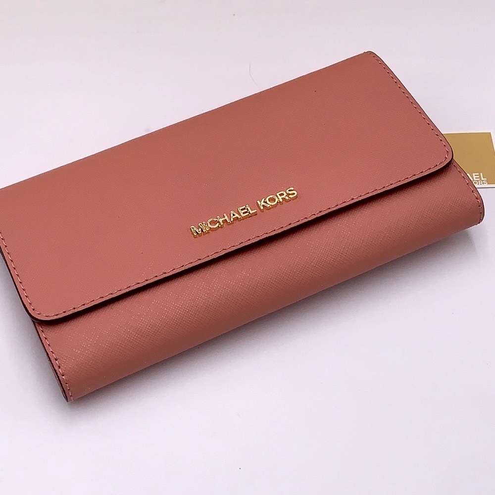 MICHAEL KORS JET SET TRAVEL LARGE TRIFOLD WALLET SUNSET ROSE COLOR - Picture 4 of 14